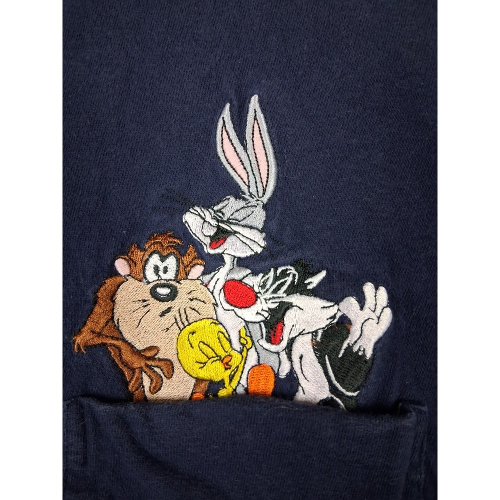 ACME Adult Shirt Large Blue Embroidered Pocket Tweedie Taz Bugs Bunnie Sylvester